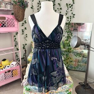 XOXO Y2K Beaded Babydoll Top Medium Sheer Purple Black Going Out Tank